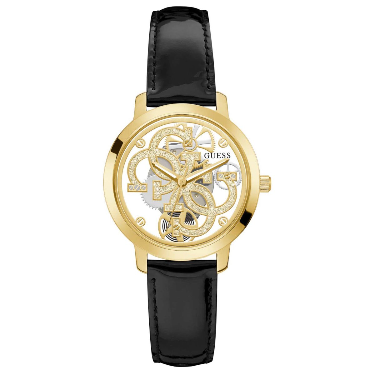 GW0383L1 Guess Quattro Clear Crystals Black Leather Strap GW0383L1