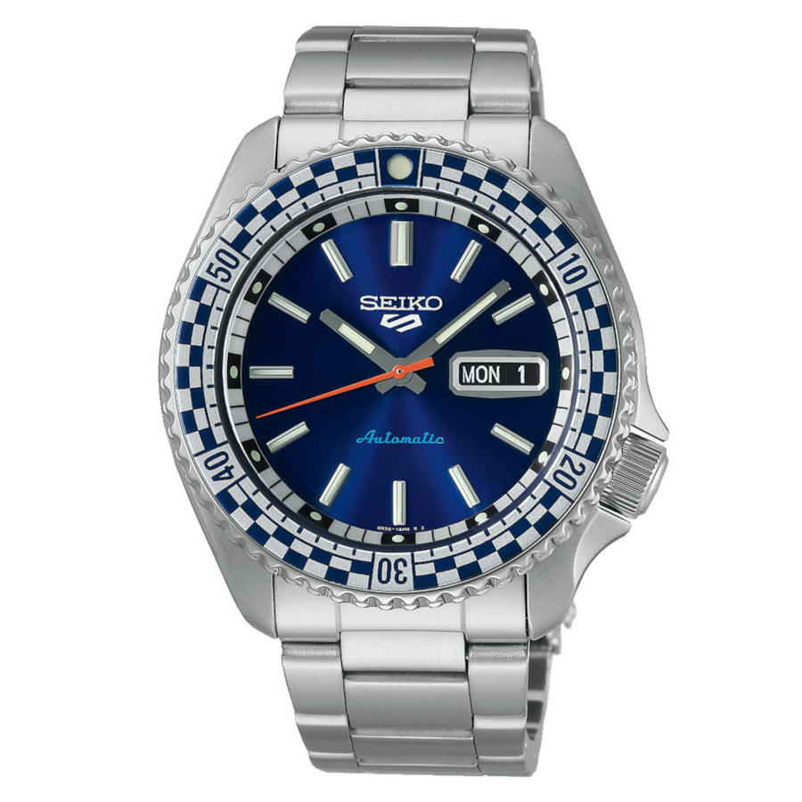 SRPK65K1F Seiko 5 Sports Petrol Blue 'Checker Flag' Automatic Special Edition Silver Stainless Steel Bracelet SRPK65K1F
