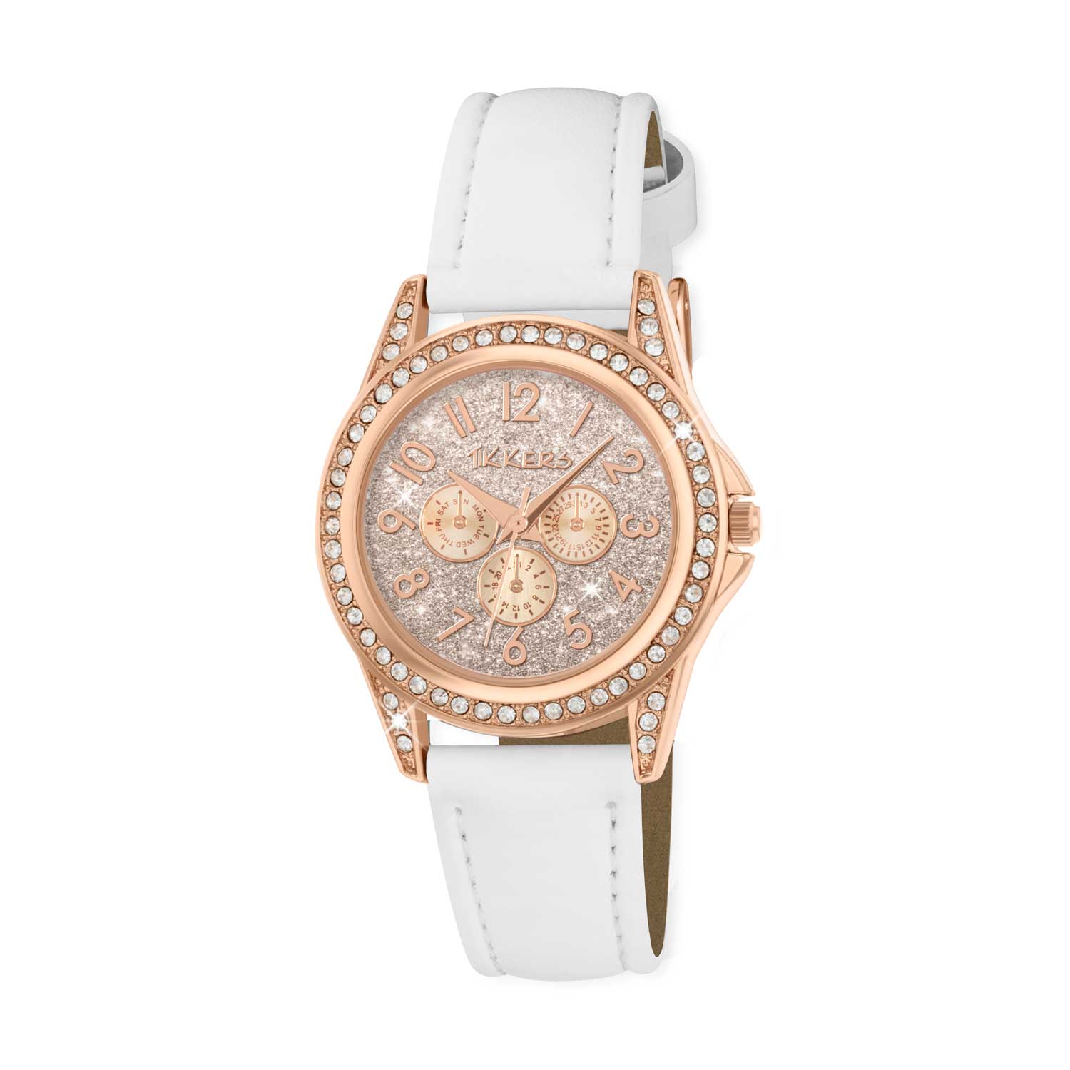 TK0129_Layout1 Tikkers Crystals White Leather Strap TK0129 - Image 1
