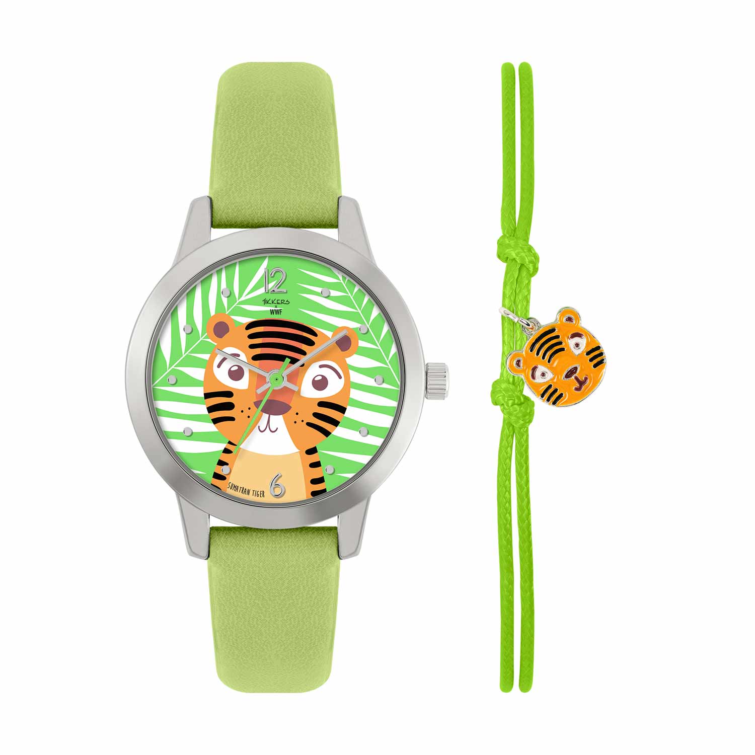 TKWWF003-SET Tikkers WWF Tiger Green Leather Strap & Tiger Charm Bracelet Gift Set TKWWF003