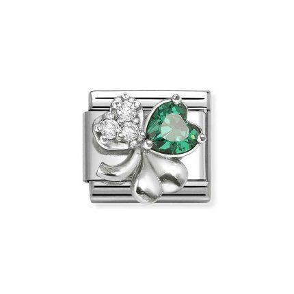 NOMINATION COMPOSABLE CLASSIC LINK WHITE AND GREEN CLOVER IN STERLING SILVER 330322/10
